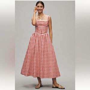 NWT Anthropologie Wayf Linen Blend Drop-Waist Gingham Checkered Midi Dress